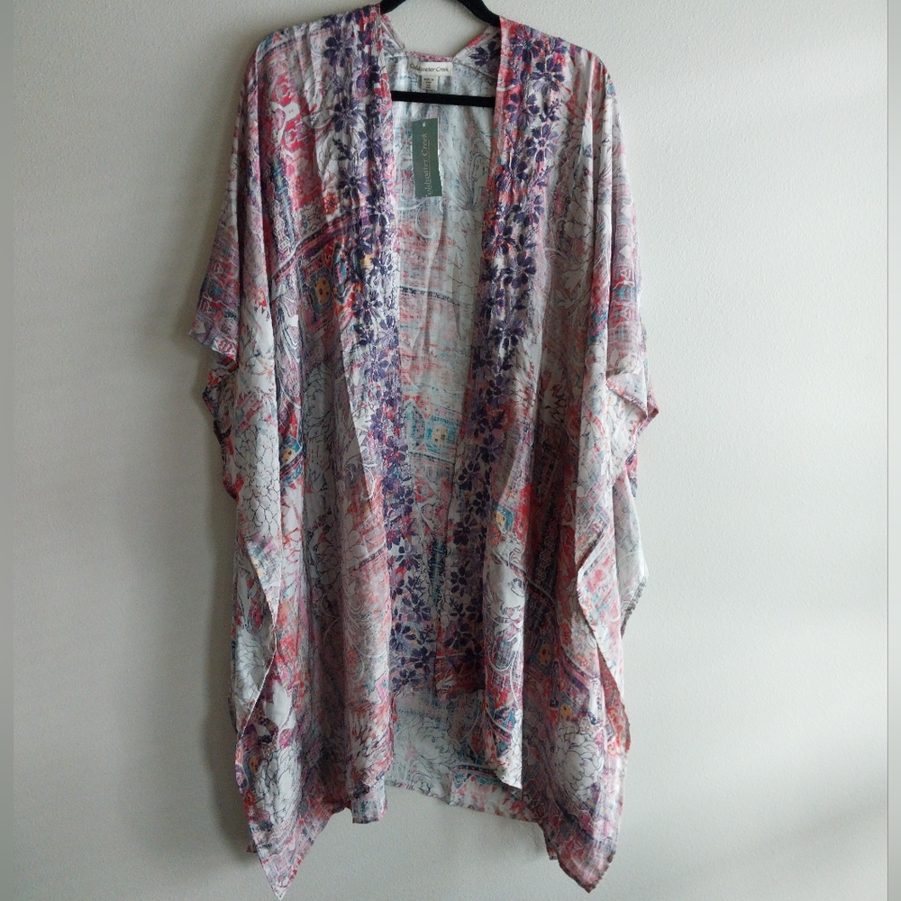 Coldwater Creek Pink & Gray Abstract Floral Ikat Print Embroidered Kimono Duster